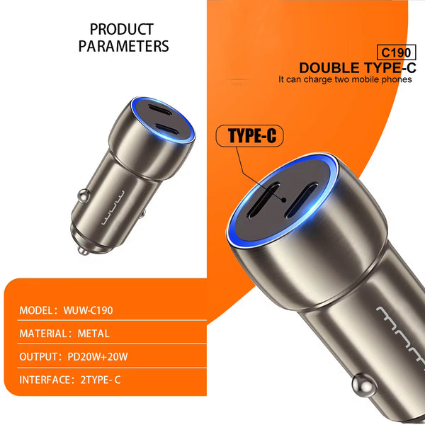 Fast Charging 40W Car Charger C190 Dual Type-C Ports METAL
