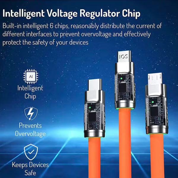 Retractable Fast Charging Cable 1.2m 100W 6A 3-in-1 Durable - Orange