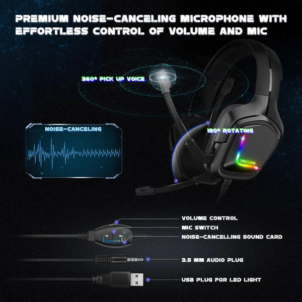 ONIKUMA K20 Wired Gaming Headsets With Microphone RGB Light - Black