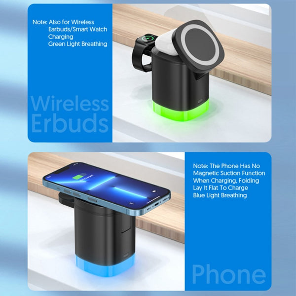 3 in 1 Magnetic Wireless Charger Folding Charging Stand for iPhone iWatch AirPods Cordless Charging Station with RGB Light - Black