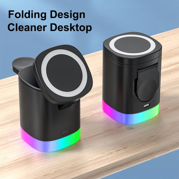 3 in 1 Magnetic Wireless Charger Folding Charging Stand for iPhone iWatch AirPods Cordless Charging Station with RGB Light - Black