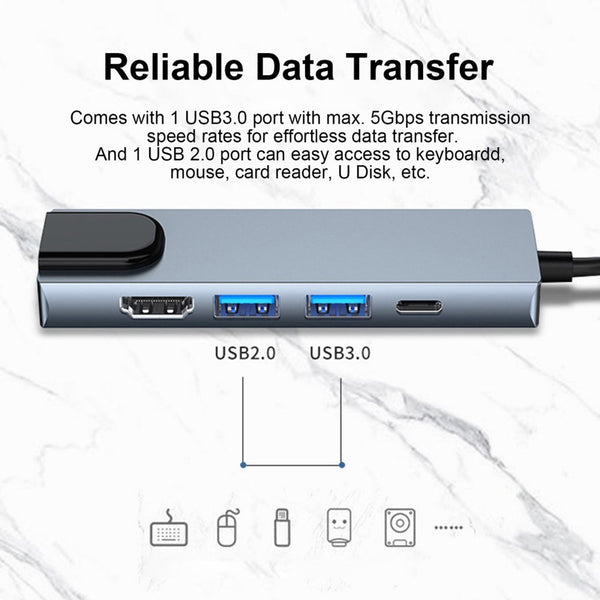 Docking Station Portable USB-C Hub 5-in-1 Adapter Multi-Port Converter