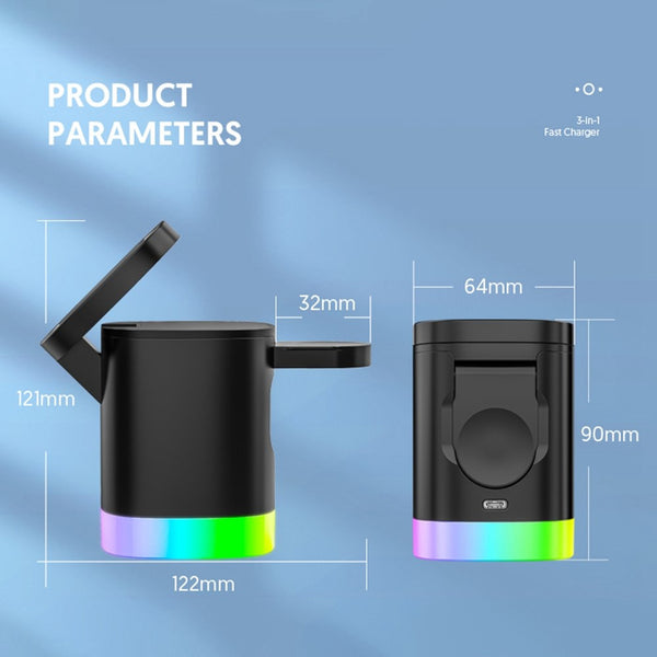 3 in 1 Magnetic Wireless Charger Folding Charging Stand for iPhone iWatch AirPods Cordless Charging Station with RGB Light - Black